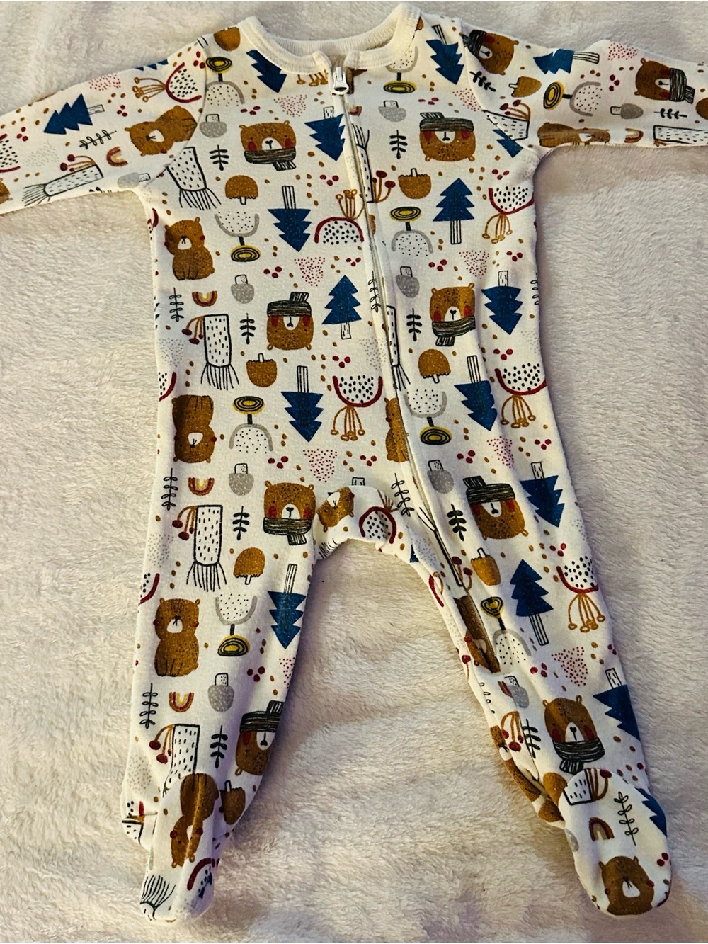 Cozy Bear-Print Footed One-Piece in White and Brown